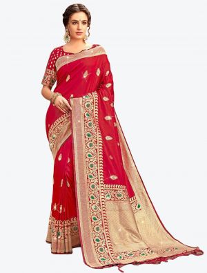Bright Crimson Embroidered Zalar Work Banarasi Silk Designer Saree small FABSA21132