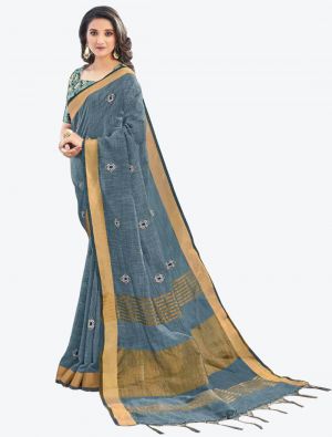 Faded Blue Embroidered Linen Cotton Designer Saree small FABSA21136