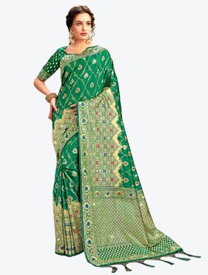 Lush Green Embroidered Zalar Work Banarasi Silk Designer Saree small FABSA21130