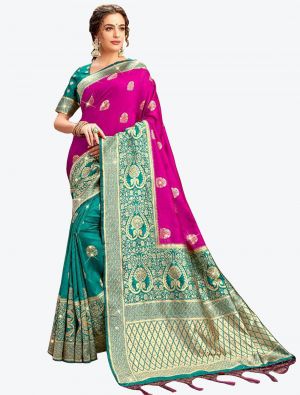 Magenta and Teal Embroidered Zalar Work Banarasi Silk Designer Saree small FABSA21134