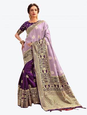 Pastel Purple Embroidered Zalar Work Banarasi Silk Designer Saree small FABSA21133