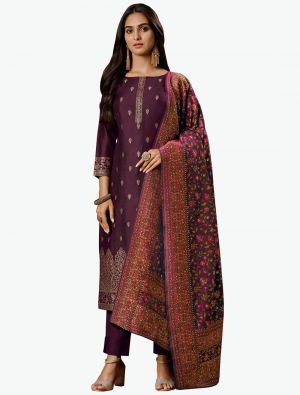 Dark Purple Jacquard Silk Designer Straight Suit with Dupatta thumbnail FABSL20684