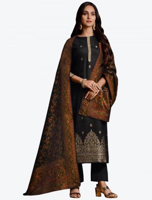 Deep Black Jacquard Silk Designer Straight Suit with Dupatta thumbnail FABSL20686