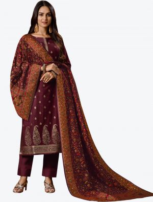 Deep Maroon Jacquard Silk Designer Straight Suit with Dupatta thumbnail FABSL20687