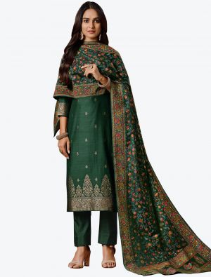 Forest Green Jacquard Silk Designer Straight Suit with Dupatta thumbnail FABSL20688