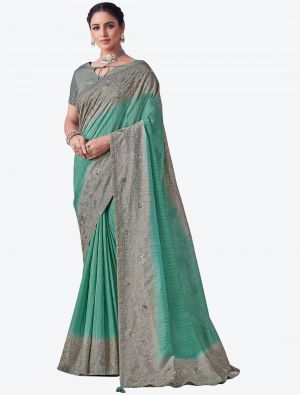 Light Teal Embroidered Viscose Silk Party Wear Designer Saree small FABSA21369