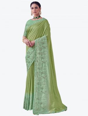 Pastel Green Embroidered Viscose Silk Party Wear Designer Saree small FABSA21373