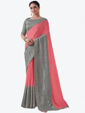 Peachy Pink Embroidered Viscose Silk Party Wear Designer Saree small FABSA21372