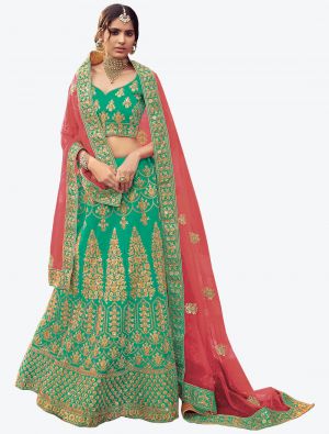 Cyan Green Premium Satin Wedding Wear Heavy Designer Lehenga Choli small FABLE20247