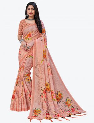 Coral Peach Digital Printed Linen Festive Wear Designer Saree small FABSA21498