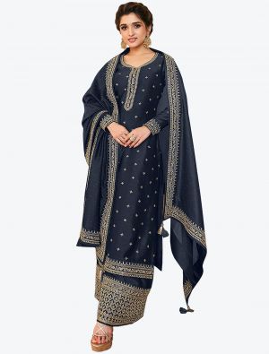 Dark Blue Heavy Blooming Vichitra Designer Palazzo Suit small FABSL20737