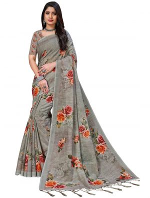 Deep Grey Digital Printed Linen Festive Wear Designer Saree small FABSA21501