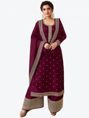 Deep Wine Heavy Blooming Vichitra Designer Palazzo Suit small FABSL20736