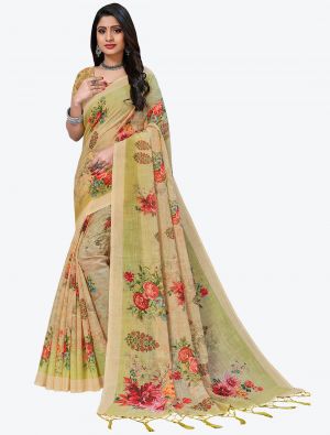Greenish Yellow Digital Printed Linen Festive Wear Designer Saree small FABSA21502
