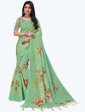 Pista Green Digital Printed Linen Festive Wear Designer Saree small FABSA21500