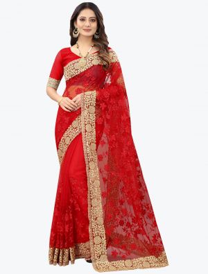 Vivid Red Fancy Net Party Wear Designer Saree FABSA21554
