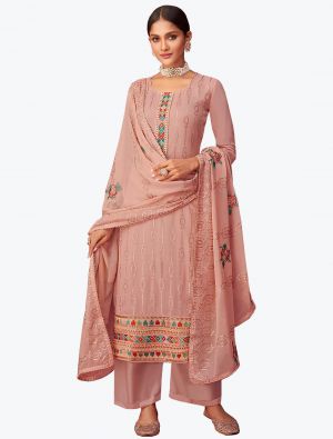 Dusty Pink Embroidered Pure Georgette Designer Palazzo Suit FABSL20863