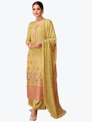 Pastel Yellow Embroidered Pure Georgette Designer Palazzo Suit FABSL20862