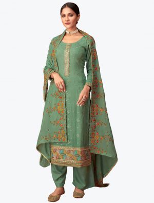 Pista Green Embroidered Pure Georgette Designer Palazzo Suit FABSL20859