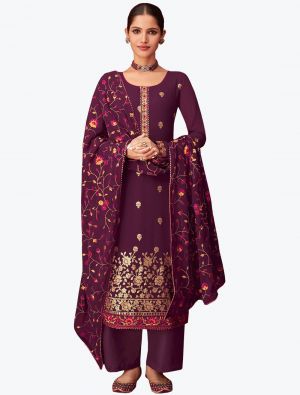 Rich Wine Embroidered Pure Georgette Designer Palazzo Suit FABSL20860