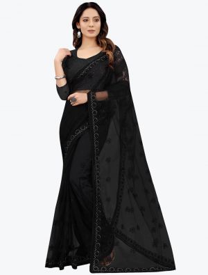Black Embroidered Net Gorgeous Party Wear Designer Saree small FABSA21669