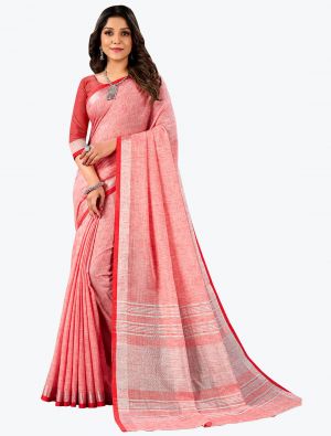 Gajri Red Linen Cotton Festive Wear Comfortable Designer Saree small FABSA21661