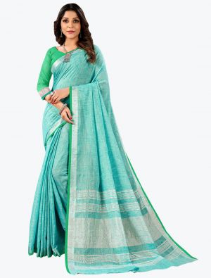 Green Linen Cotton Festive Wear Comfortable Designer Saree small FABSA21660