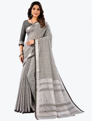 Grey Linen Cotton Festive Wear Comfortable Designer Saree small FABSA21663