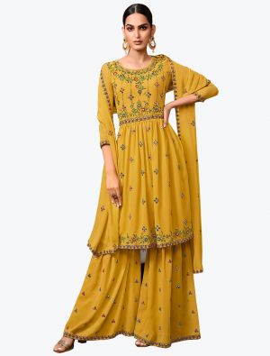 Mustard Yellow Pure Georgette Party Wear Stylish Sharara Suit FABSL20913