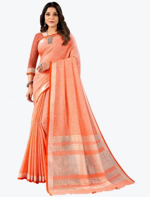 Orange Linen Cotton Festive Wear Comfortable Designer Saree small FABSA21659
