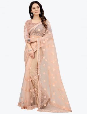 Peach Embroidered Net Gorgeous Party Wear Designer Saree small FABSA21673