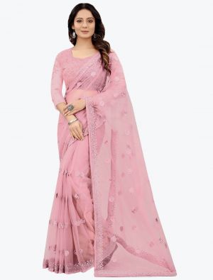 Pink Embroidered Net Gorgeous Party Wear Designer Saree small FABSA21672