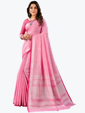 Pink Linen Cotton Festive Wear Comfortable Designer Saree small FABSA21664