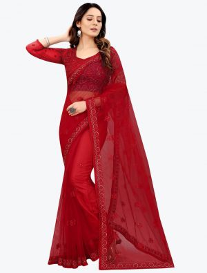 Red Embroidered Net Gorgeous Party Wear Designer Saree small FABSA21668