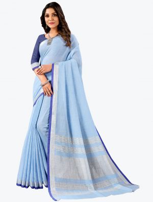 Sky Blue Linen Cotton Festive Wear Comfortable Designer Saree small FABSA21665