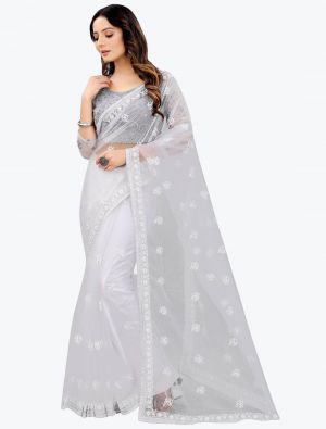 White Embroidered Net Gorgeous Party Wear Designer Saree small FABSA21670