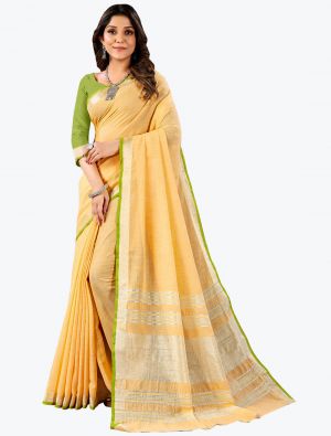 Yellow Linen Cotton Festive Wear Comfortable Designer Saree small FABSA21662