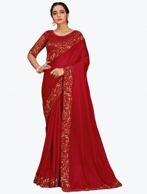 Bright Red Jacquard Self Pure Satin Party Wear Designer Saree small FABSA21756
