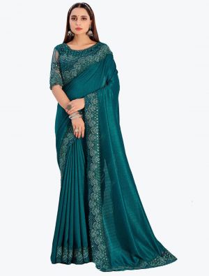 Peacock Blue Jacquard Self Chennai Silk Party Wear Designer Saree small FABSA21748