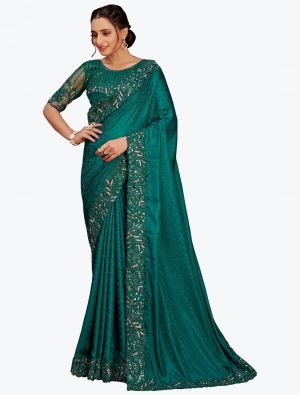Rama Green Jacquard Self Pure Satin Party Wear Designer Saree small FABSA21757