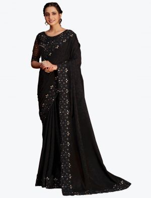 Royal Black Jacquard Self Pure Chinon Party Wear Designer Saree small FABSA21752