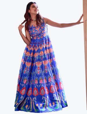 bright blue muslin digital printed ready to wear designer gown   fabgo20139