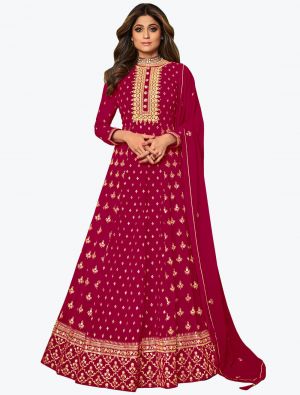 Dark Pink Pure Georgette Embroidered Anarkali Floor Length Suit small FABSL21048