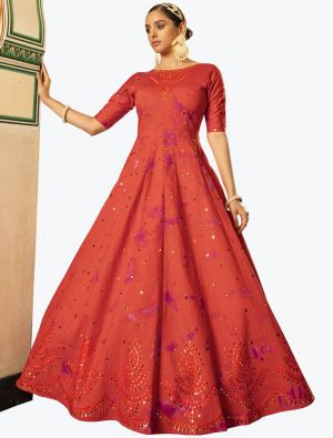 deep orange premium cotton semi stitched party wear anarkali gown   small fabgo20140