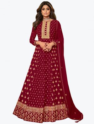 Deep Red Pure Georgette Embroidered Anarkali Floor Length Suit small FABSL21050