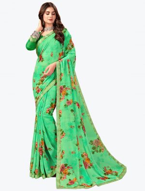 Parrot Green Malai Soft Printed Saree With Border small FABSA21786