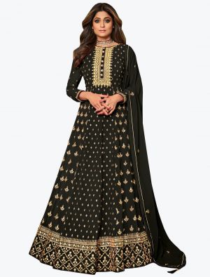 Rich Black Pure Georgette Embroidered Anarkali Floor Length Suit small FABSL21049