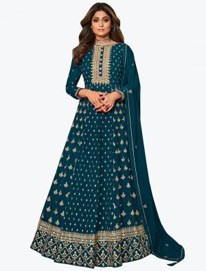 Teal Blue Pure Georgette Embroidered Anarkali Floor Length Suit small FABSL21043
