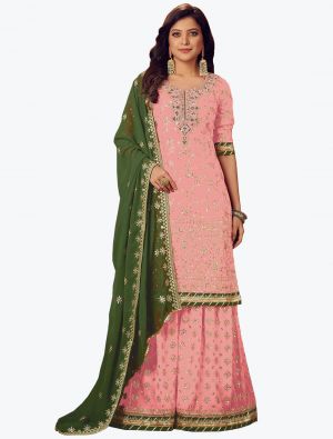 Light Peach Faux Georgette Embroidered Designer Palazzo Suit small FABSL21078