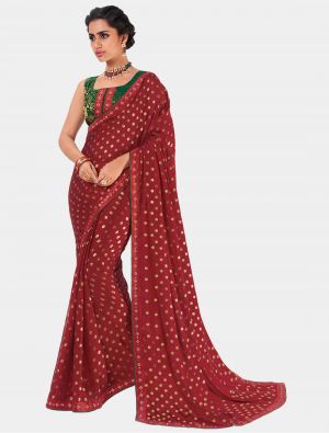 Red Chiffon Dyed Gold Foil fabric Designer Saree small FABSA20686